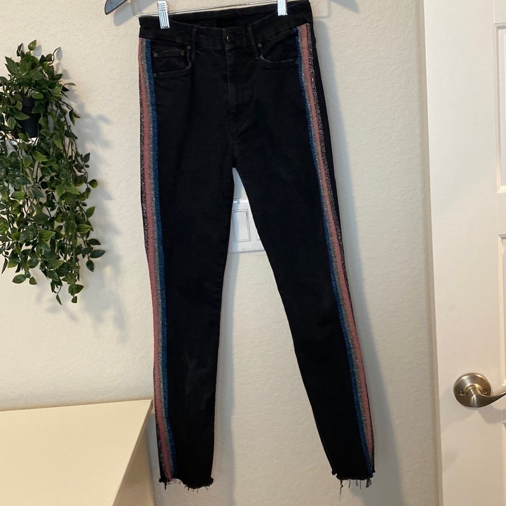 MOTHER High Waisted Looker Ankle Fray - Guilty Glitter Racer Black Skinny Jeans